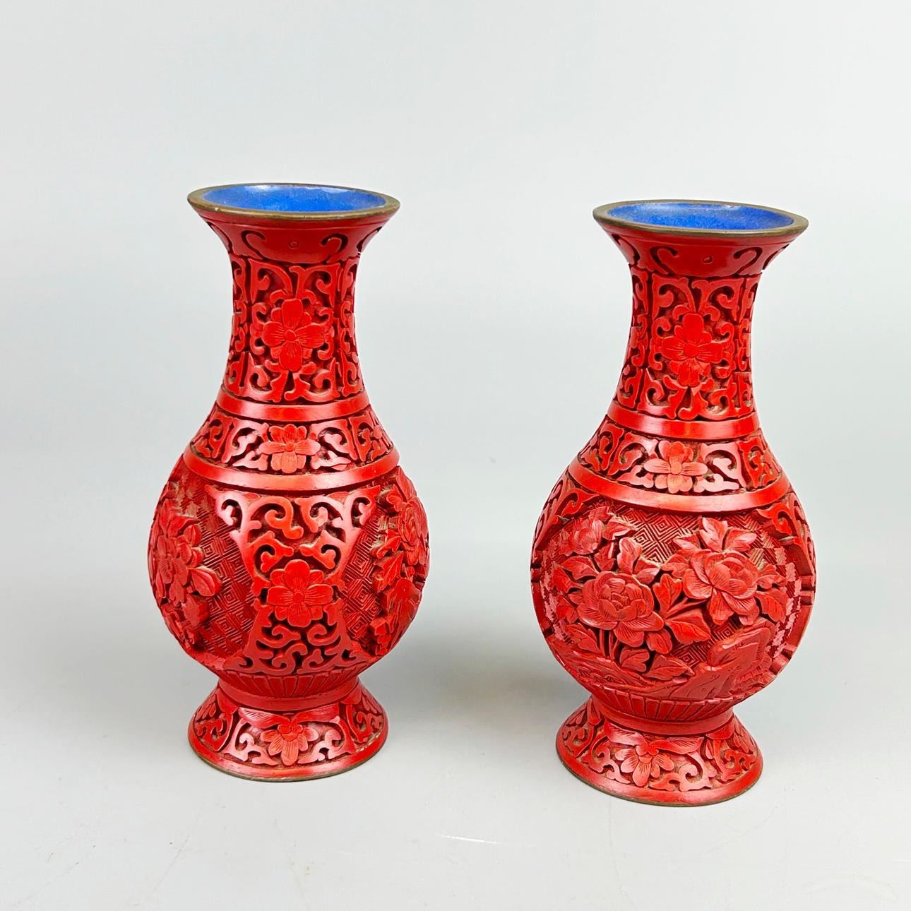 RED & BLUE CINNABAR VASES.