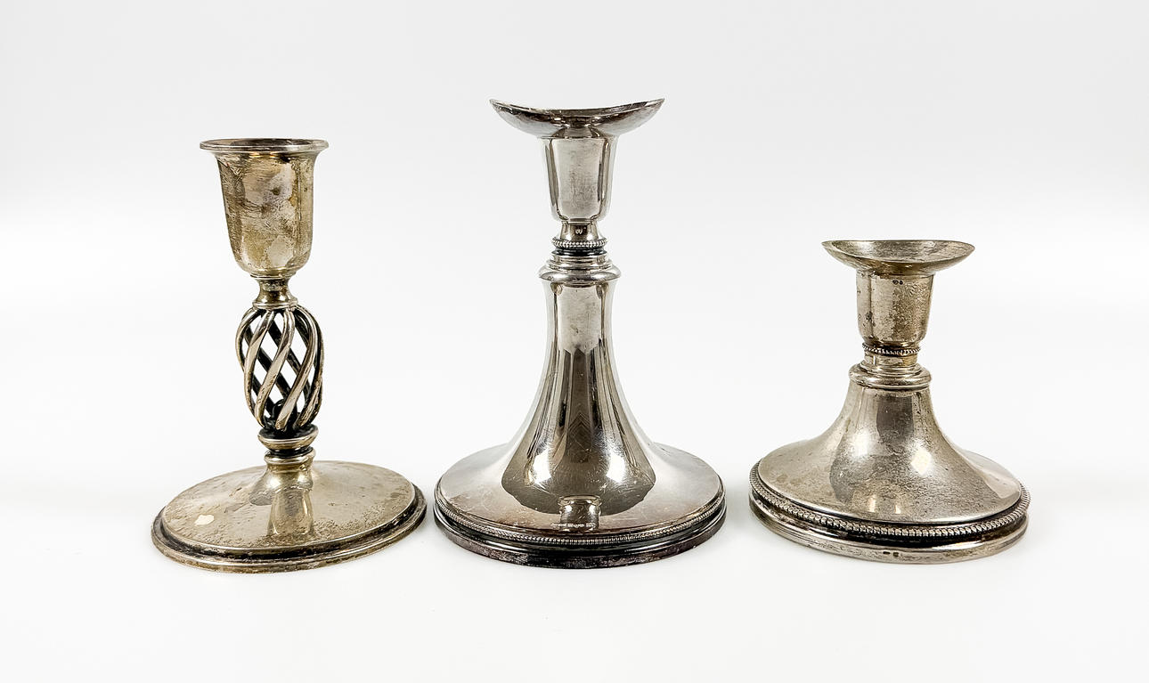 CANDLESTICKS, 3 pcs, Silver, Partially weighted base.