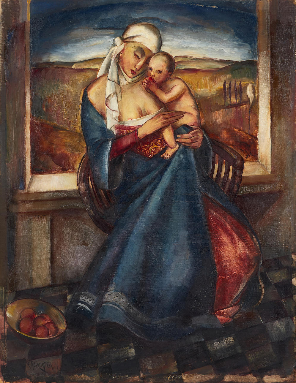 GUSTAV ROSENGREN (1893–1963). Madonna med barnet, signerad G. Rosengren, olja på pannå