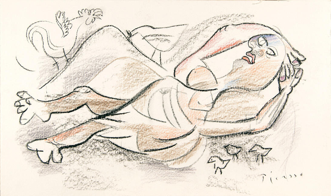 IN DER ART VON PABLO PICASSO. REPLICA. Lying with chickens.