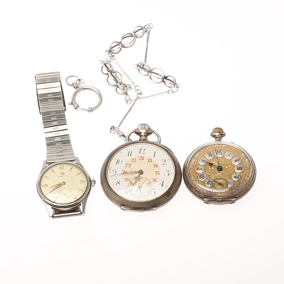 FICKUR, 2 st. KLOCKKEDJA. Silver. HERRARMBANDSUR, Certina.