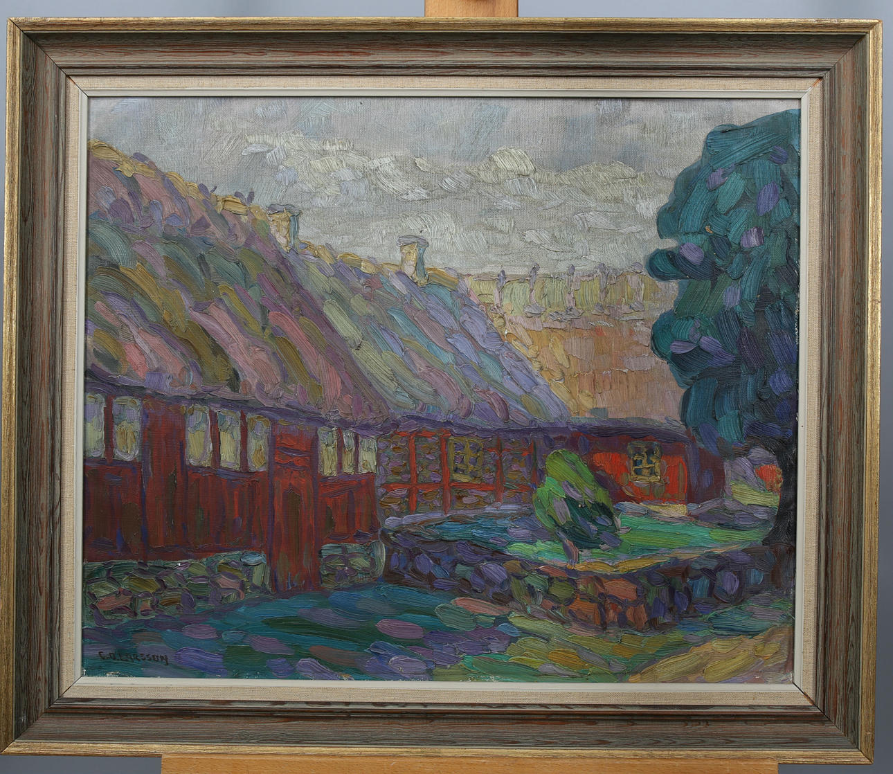 CARL OSCAR LARSSON. Olja på duk, Gårdsmiljö, signerad C O Larsson.