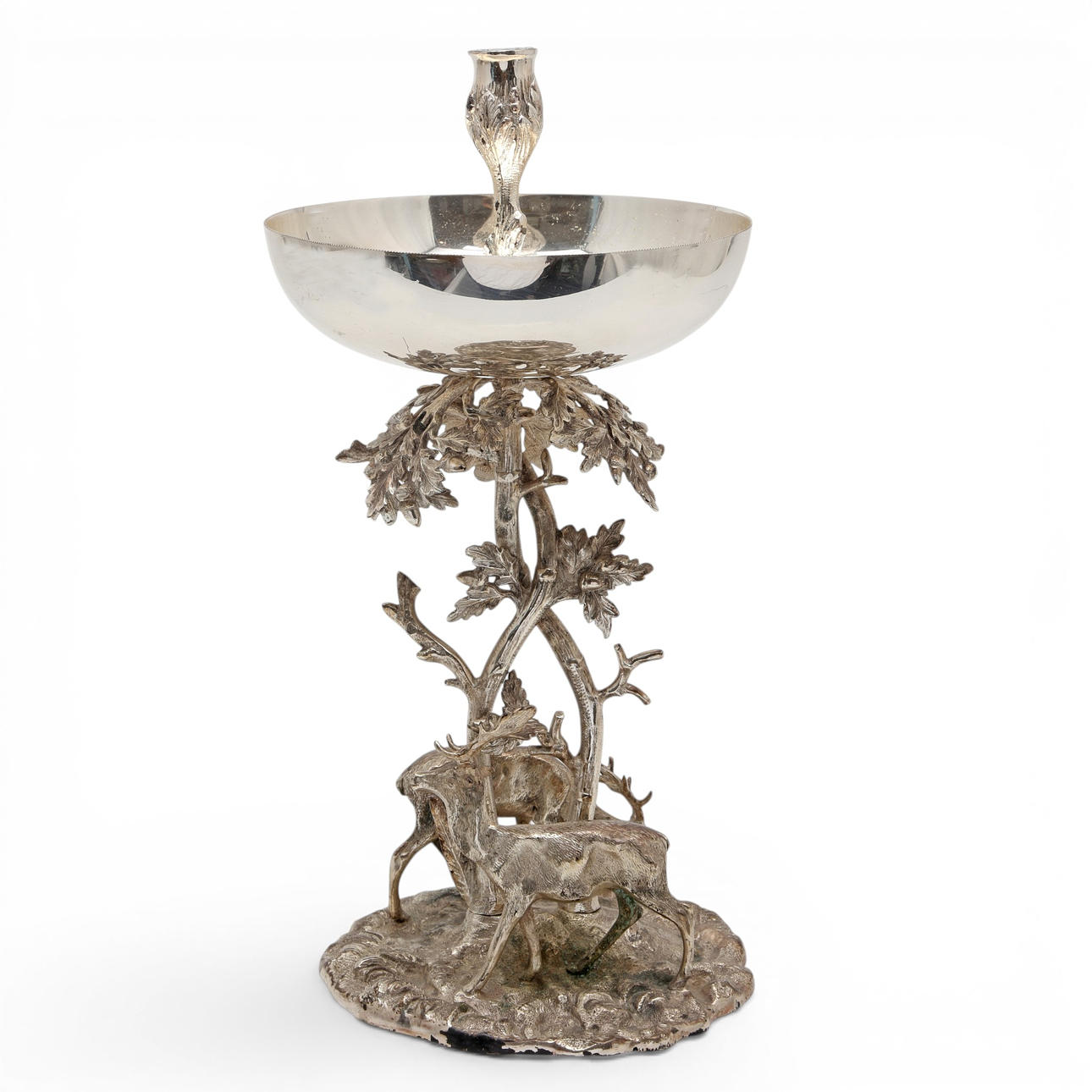 Large silvery metal candlestick, 20th Century.
