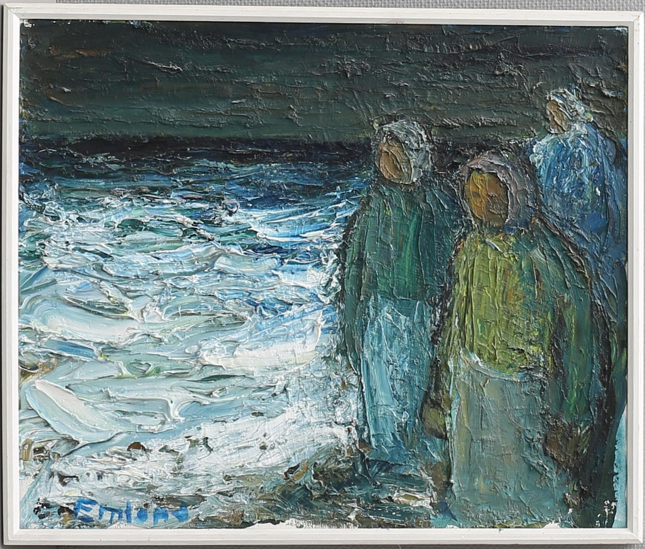 EINAR EMLAND. "Väntan på båten". Olja på duk, signerad.