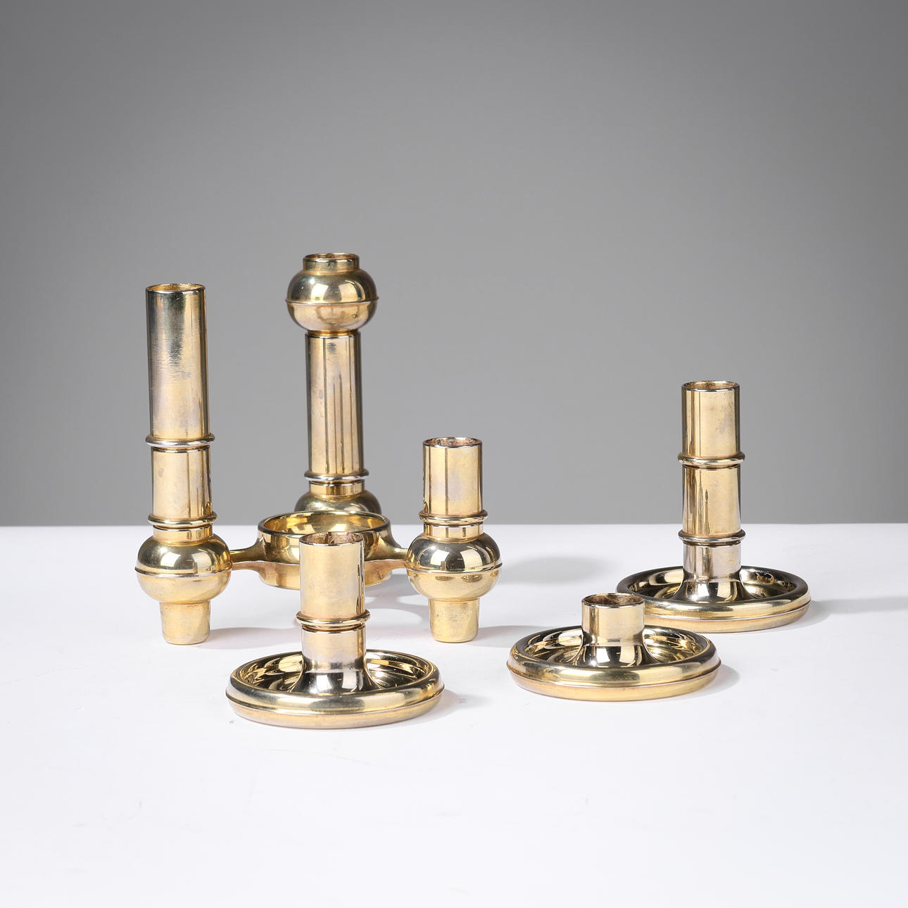 Modular brass candlesticks, Scandinavia, approx. 1960s, (12).