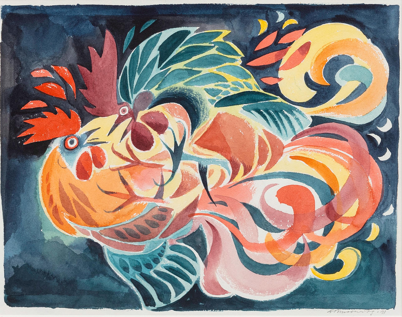 GUNNAR BRUSEWITZ. Fighting cocks, gouache on paper, signed, dated -91.