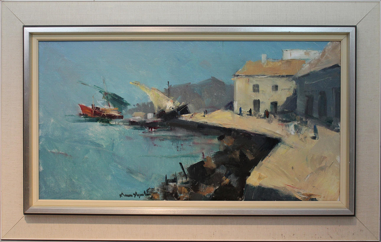 ARNE ASPELIN. Sydländskt hamnmotiv. Olja på duk. Signerad.
