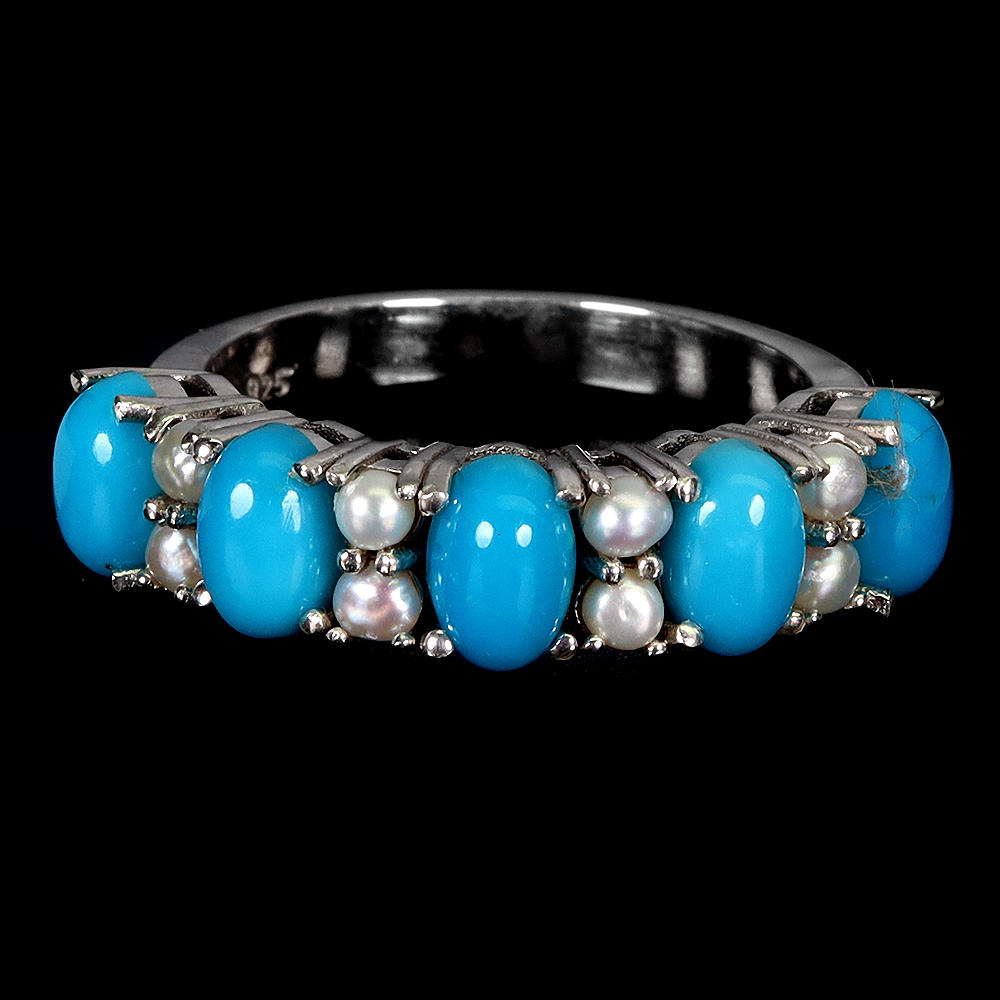 TURQUOISE AND PEARL SILVER RING.