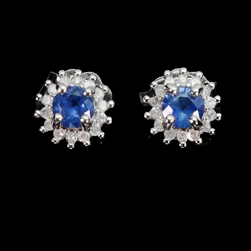 DIAMOND AND SAPPHIRE SILVER EARRINGS.