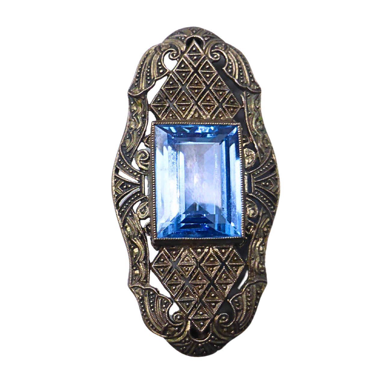 ART DECO BROOCH WITH LIGHT BLUE STONE.