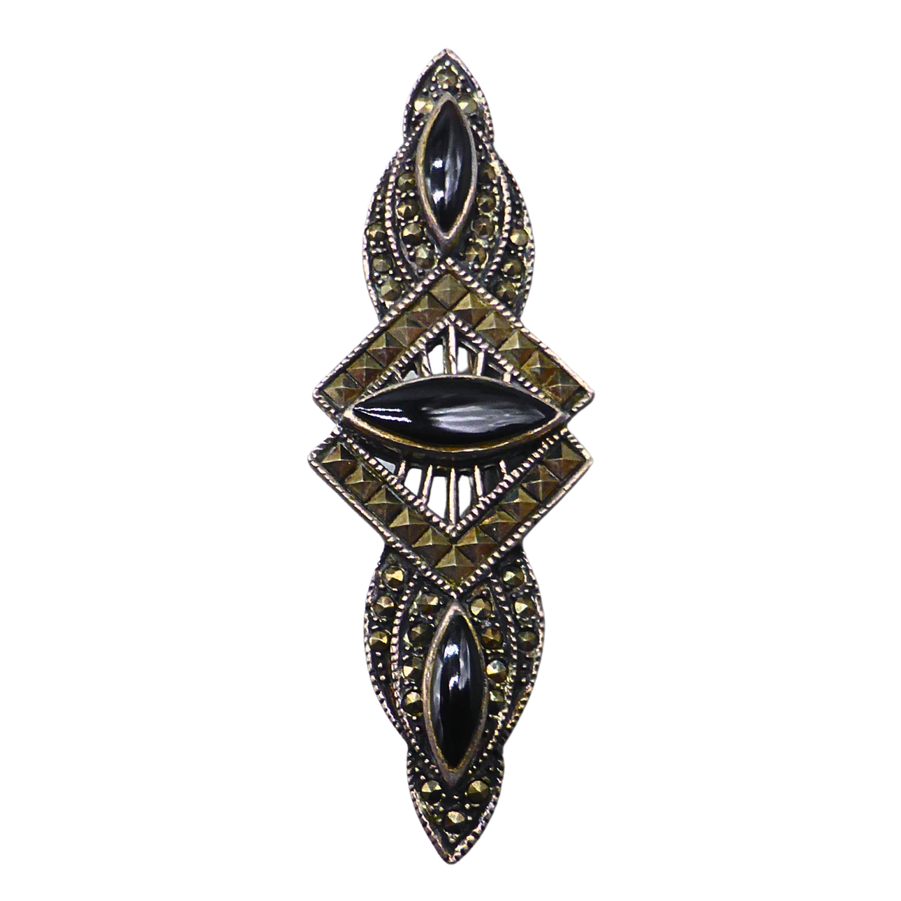 ART DECO BROOCH WITH ONYX AND MARCASITES.