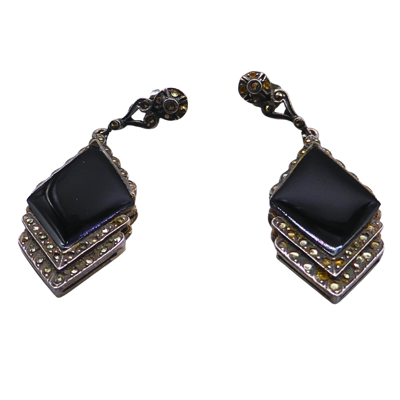 EARRINGS 925 SILVER WITH ONYX AND MARCASITES.