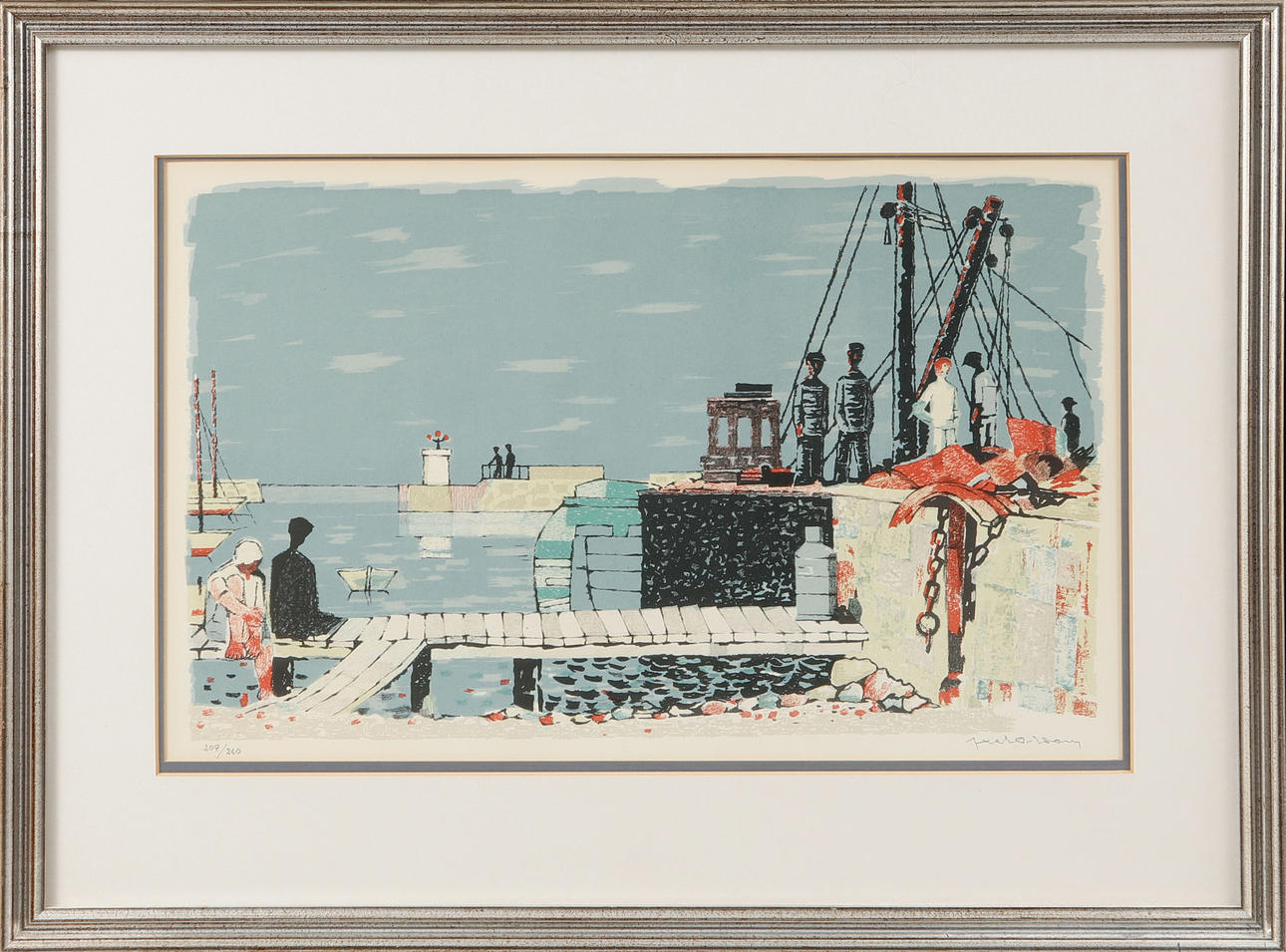AXEL OLSON. Harbour motif, colour lithograph, signed and numbered 209/260.