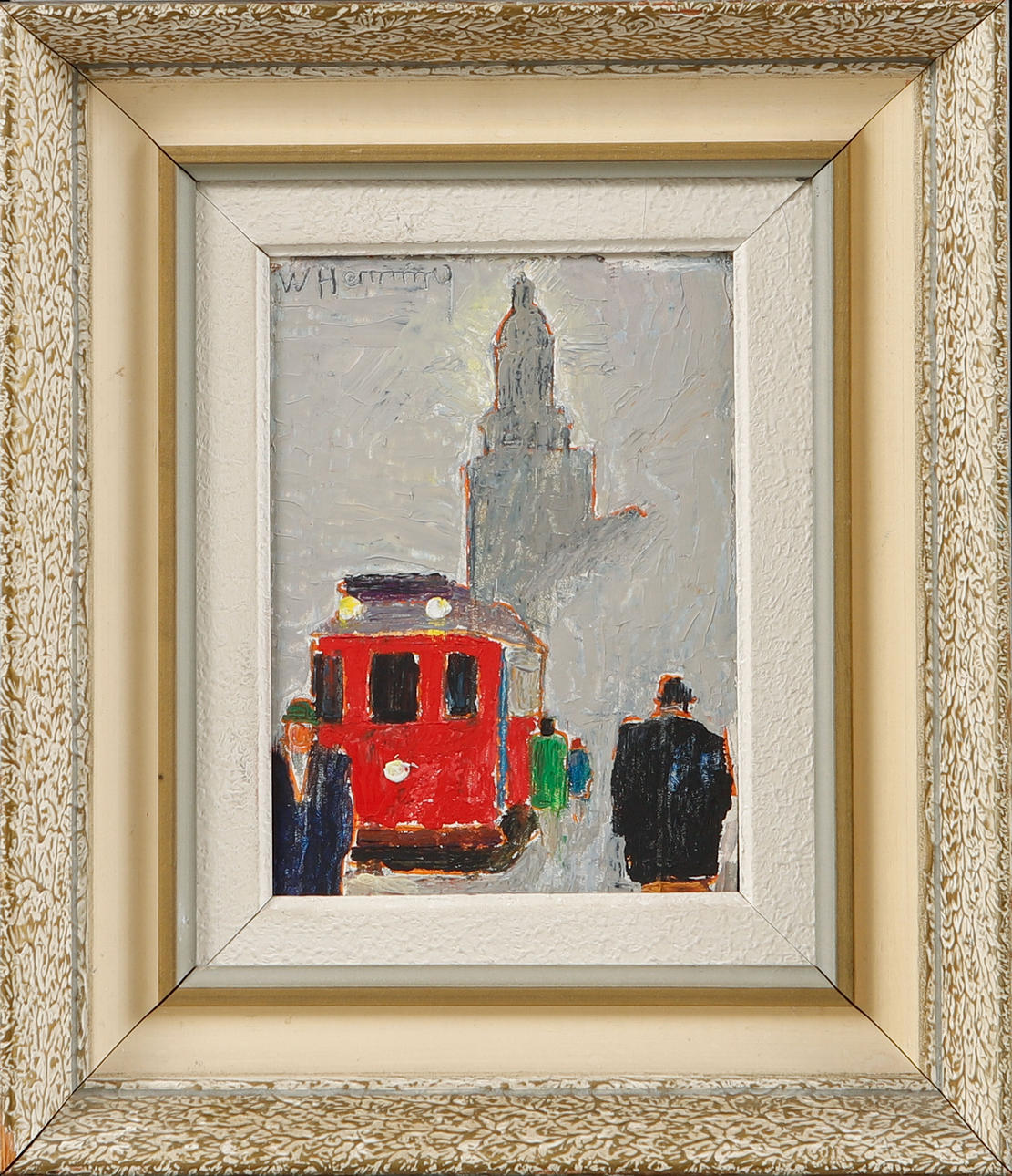 WILHELM HENNING. Figures and tram, oil on panel, signed.