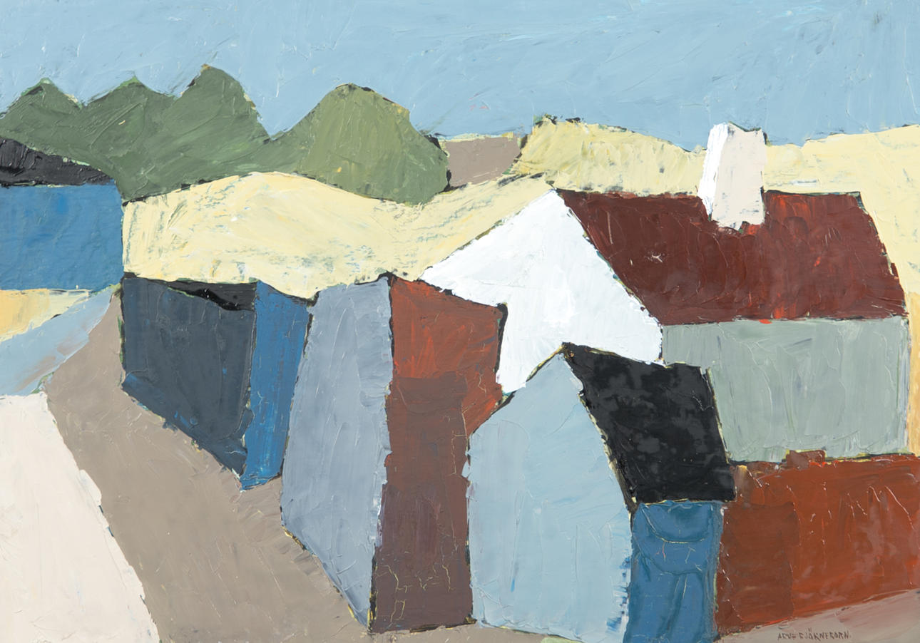 ARNE BJÖRNEBORN. Kubistiska hus, olja på pannå, signerad.