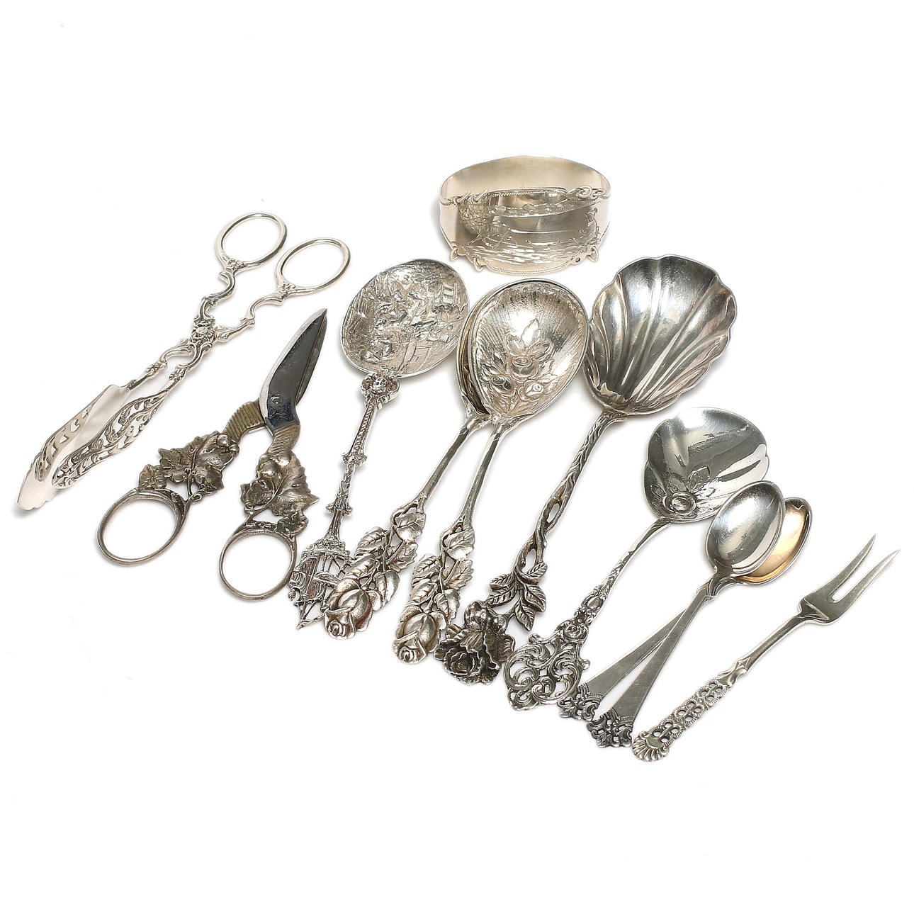 SKEDAR och UPPLÄGGNINGSBESTICK, 11 delar, silver, 1900-tal. Vikt 172 gram.