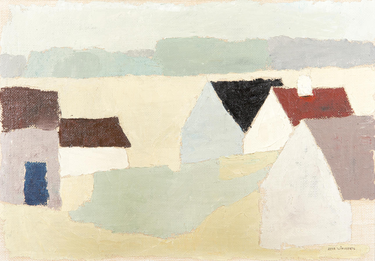 ARNE BJÖRNEBORN. Kubistiska hus, olja på pannå, signerad.