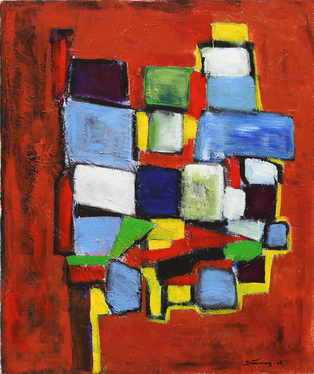 LEIF BRÜNNING. "Komposition mot rött", olja på duk, signerad Brüning och daterad -08.