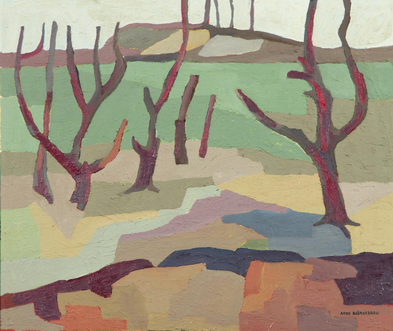 ARNE BJÖRNEBORN. Kubistiskt landskap, olja på pannå, signerad.