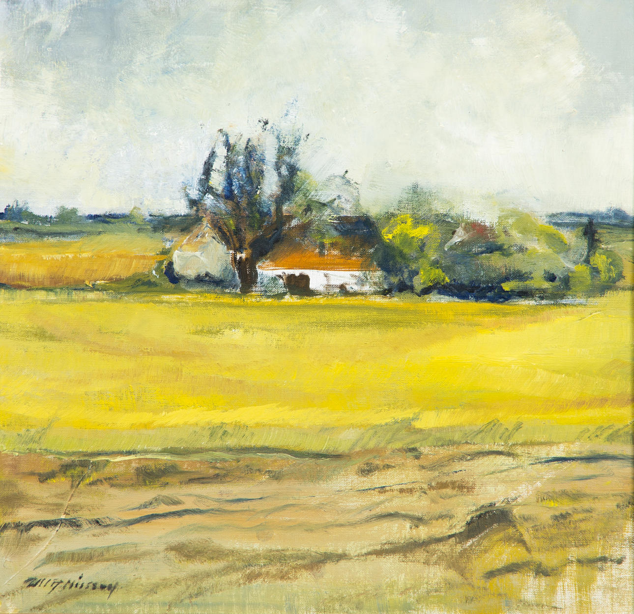 ULLA NILSSON. Skånskt landskap med hus, olja på duk, signerad.