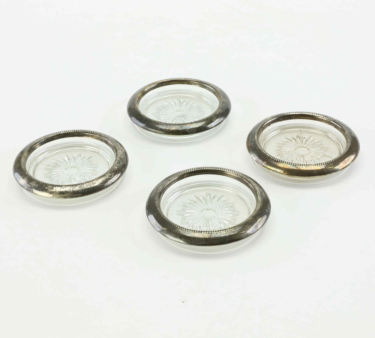 COASTERS, 4 pcs, silver-plated, glass, 20th century.