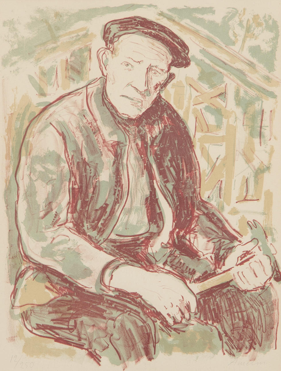 ALBIN AMELIN. Arbetare med hammare, färglitografi, signerad Amelin.