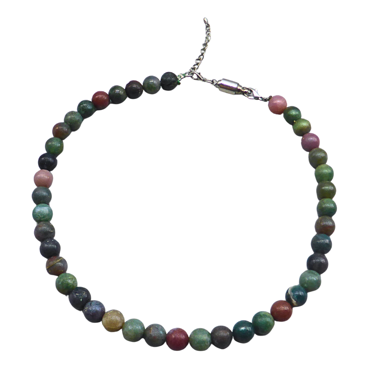 MULTICOLORED BEAD NECKLACE WITH EXTENSION CHAIN.
