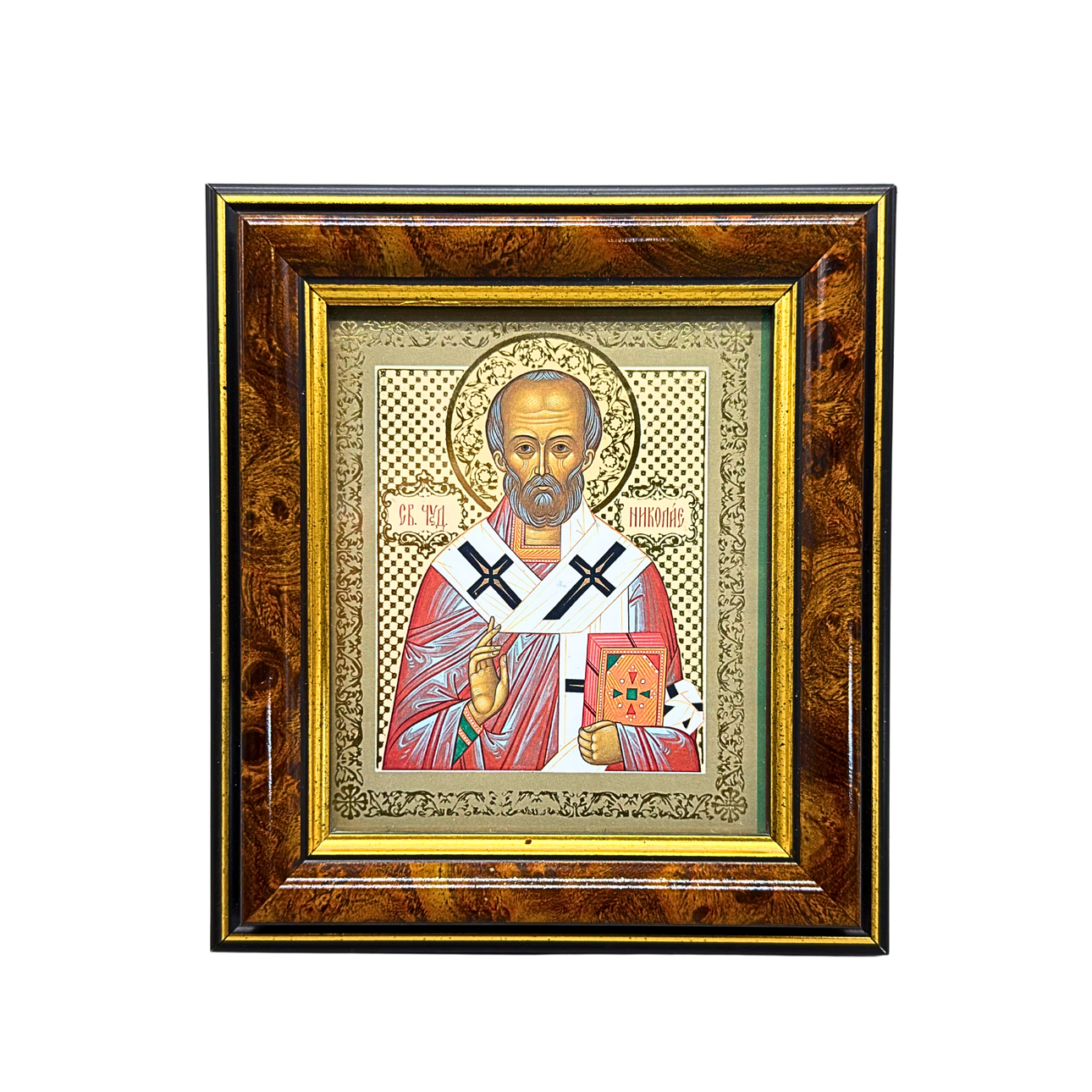 ST. NICHOLAS ICON SET IN A WOODEN FRAME.