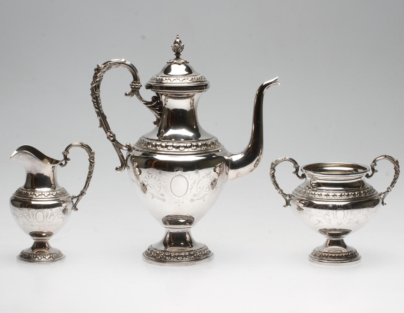 KAFFESERVIS, 3 delar, nysilver, C A Kjernås, omkring 1900.