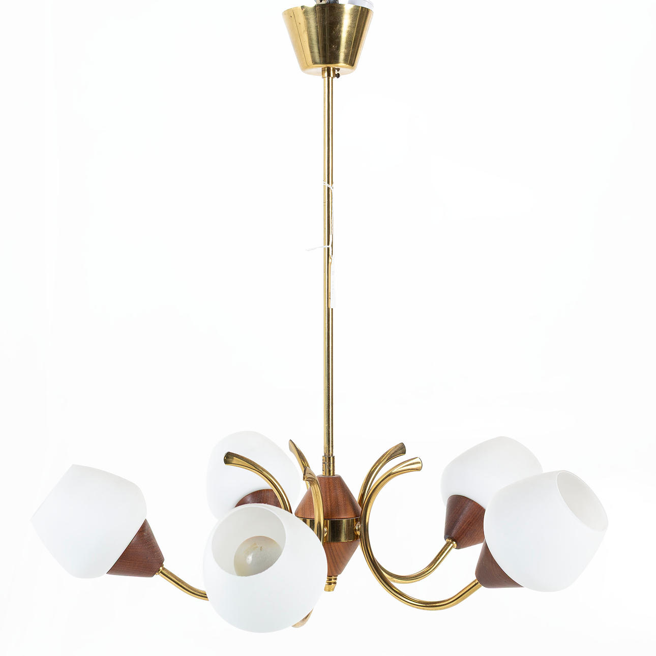 CEILING LAMP, 5-armed, teak with opal glass, 1960s.