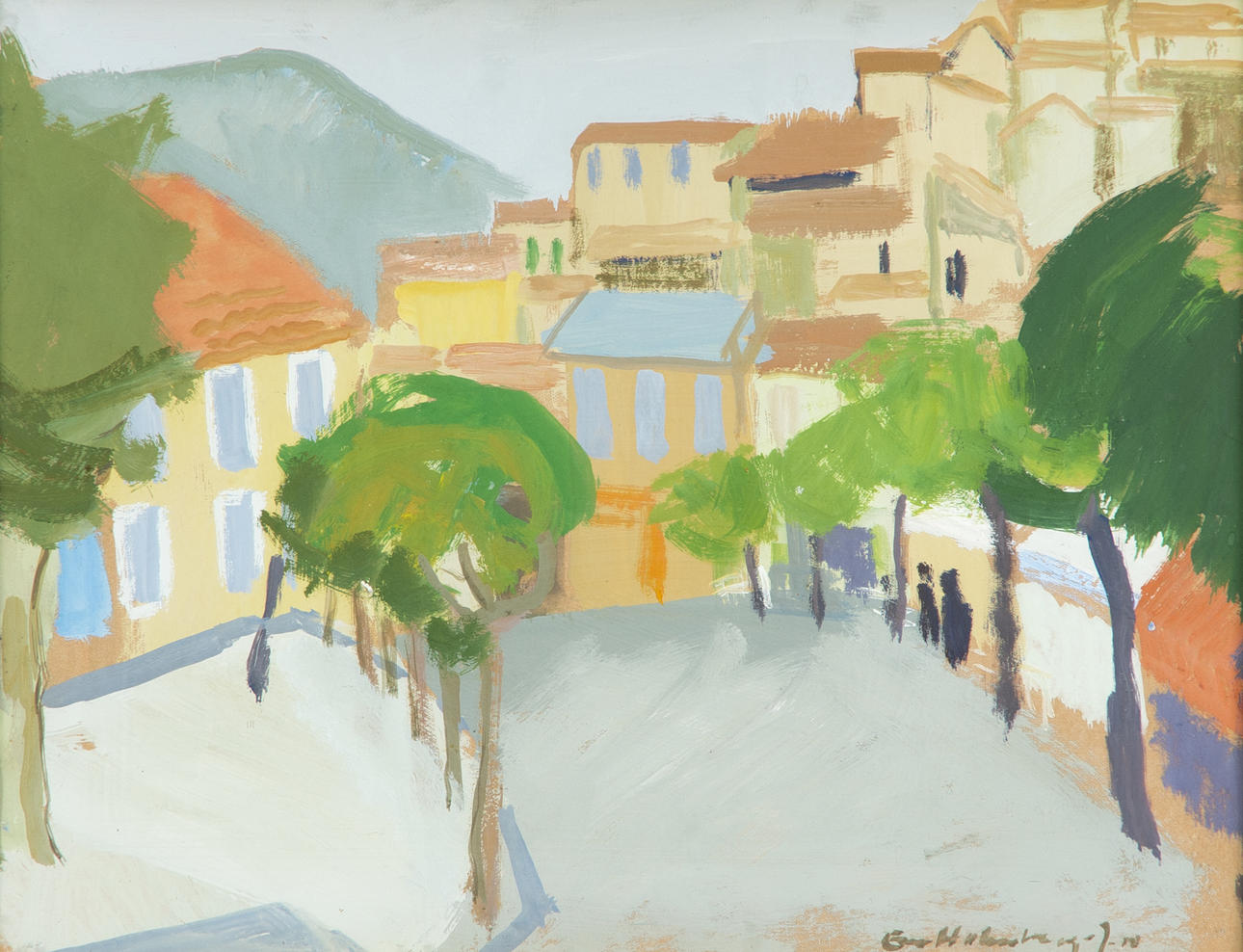 EVA HOLMBERG-JAKOBSSON. Franskt torgmotiv, gouache, signerad.