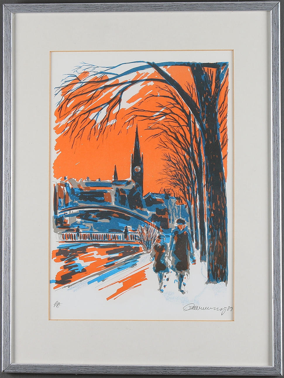 EINAR WENNBERG. Promenad vid Selångersån, färglitografi, signerad och märkt EA.