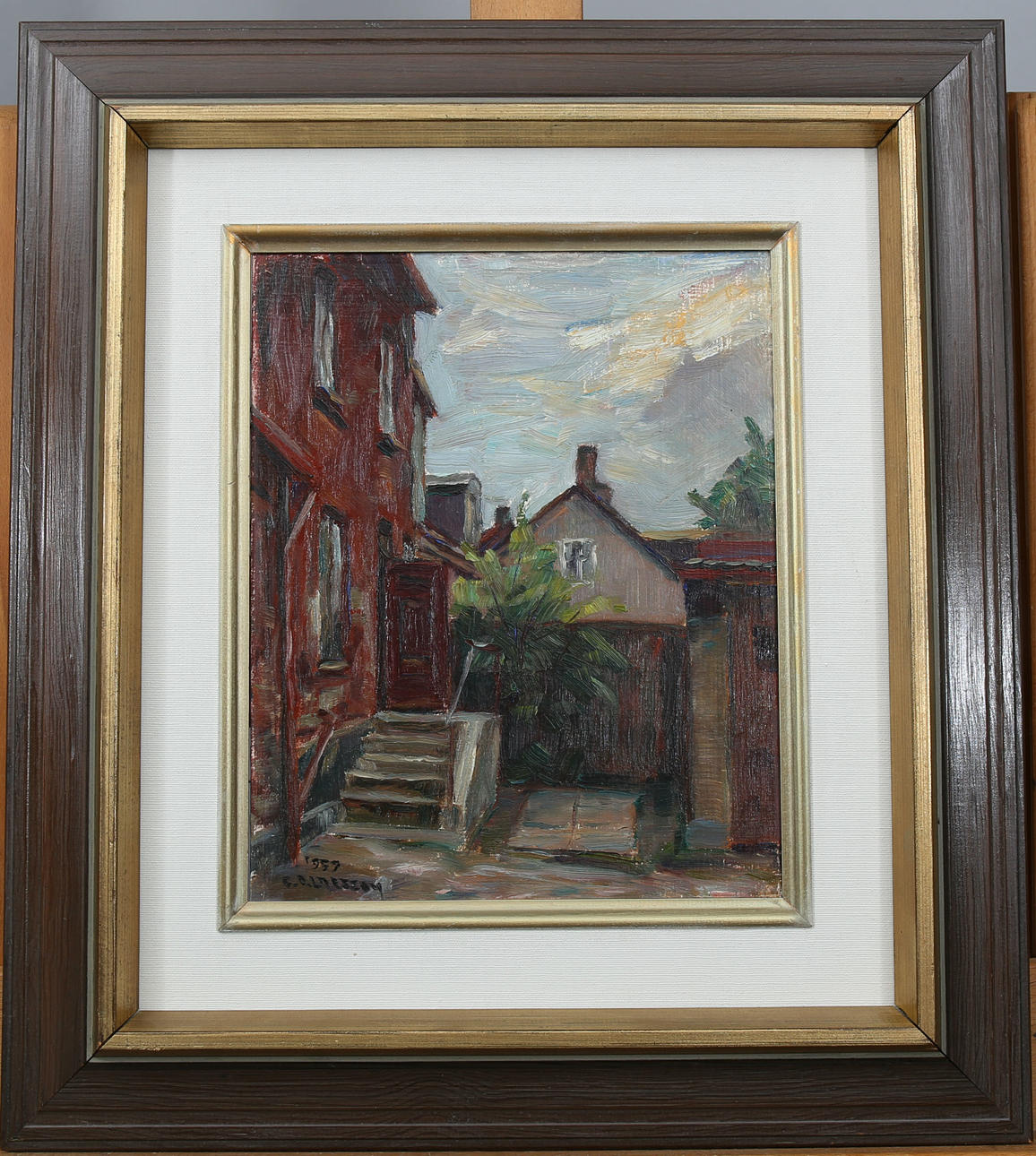 CARL OSCAR LARSSON. Olja på pannå, Äldre gårdsmiljö, signerad C O Larsson, daterad 1959.