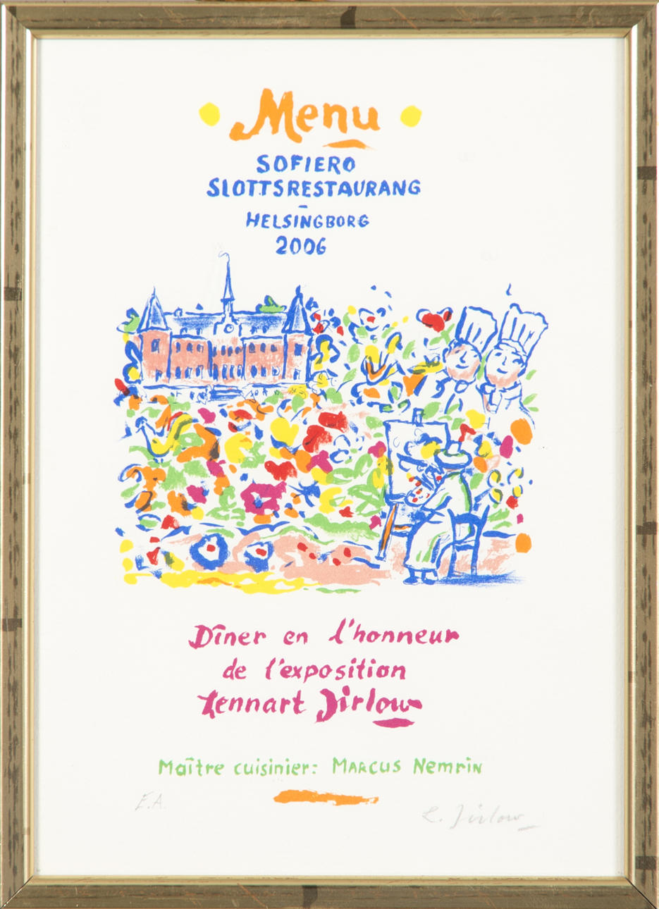LENNART JIRLOW. Menu Sofiero Slottsrestaurang, färglitografi, signerad L. Jirlow.