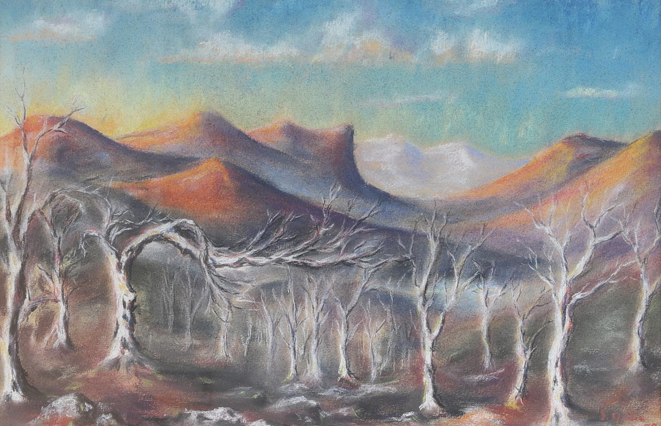 SVEN SJÖDIN. Mixed media, mountain motif, signed, dated -55.