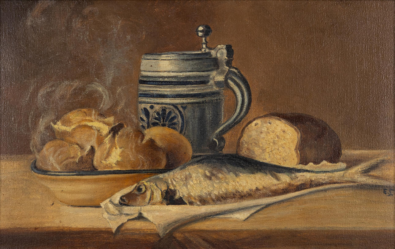 OIDENTIFIERAD KONSTNÄR. oil on canvas, still life, signed E.S.