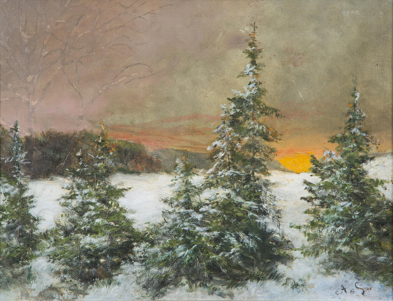 OIDENTIFIERAD KONSTNÄR. Solnedgång över vinterlandskap, olja på duk, monogramsignerad.