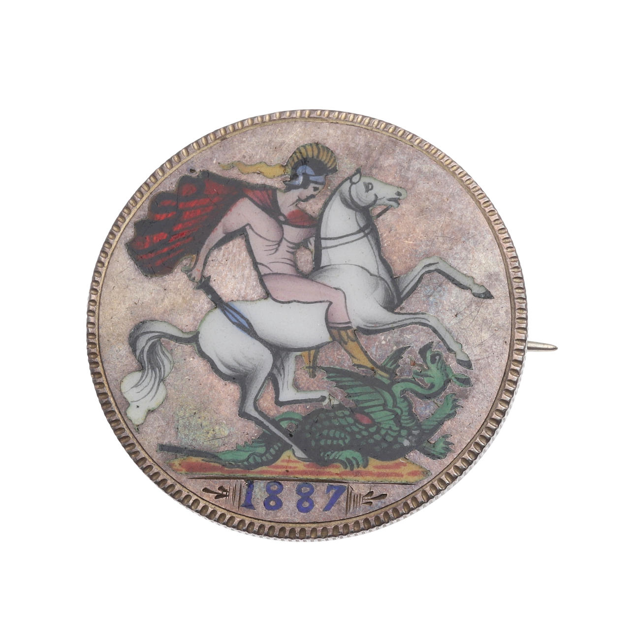A VICTORIAN ENAMELLED SILVER CROWN BROOCH.