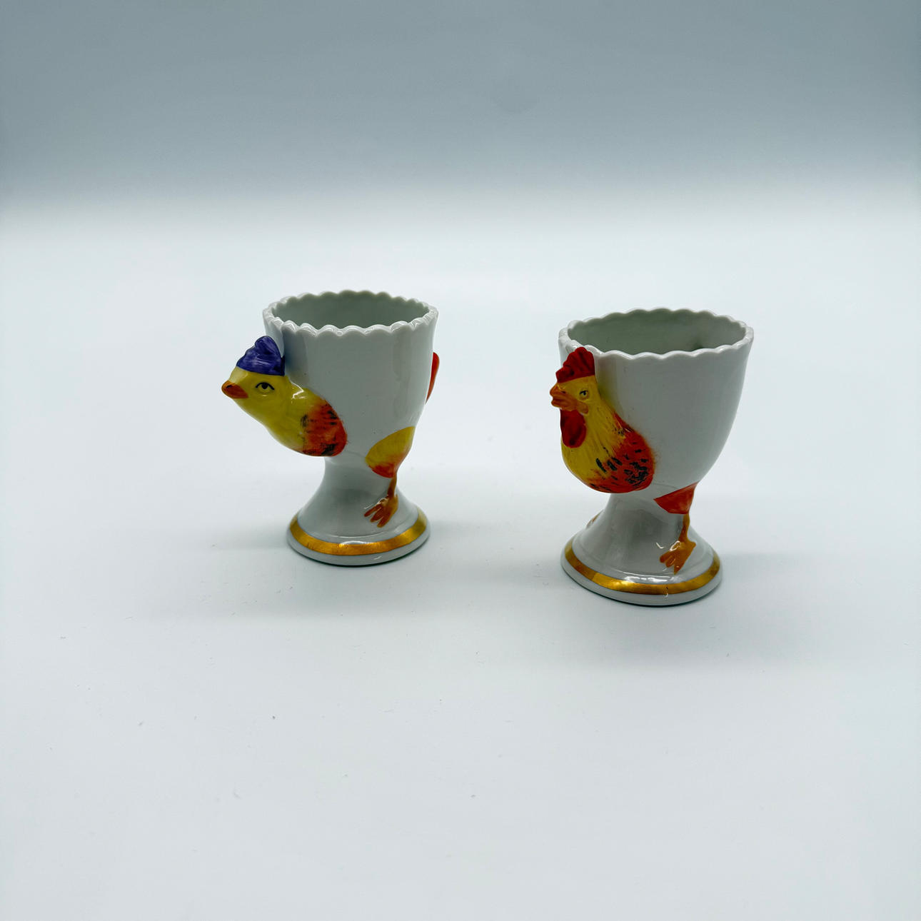 2 X KPM EGG CUPS CHICKEN MOTIF 1930S.