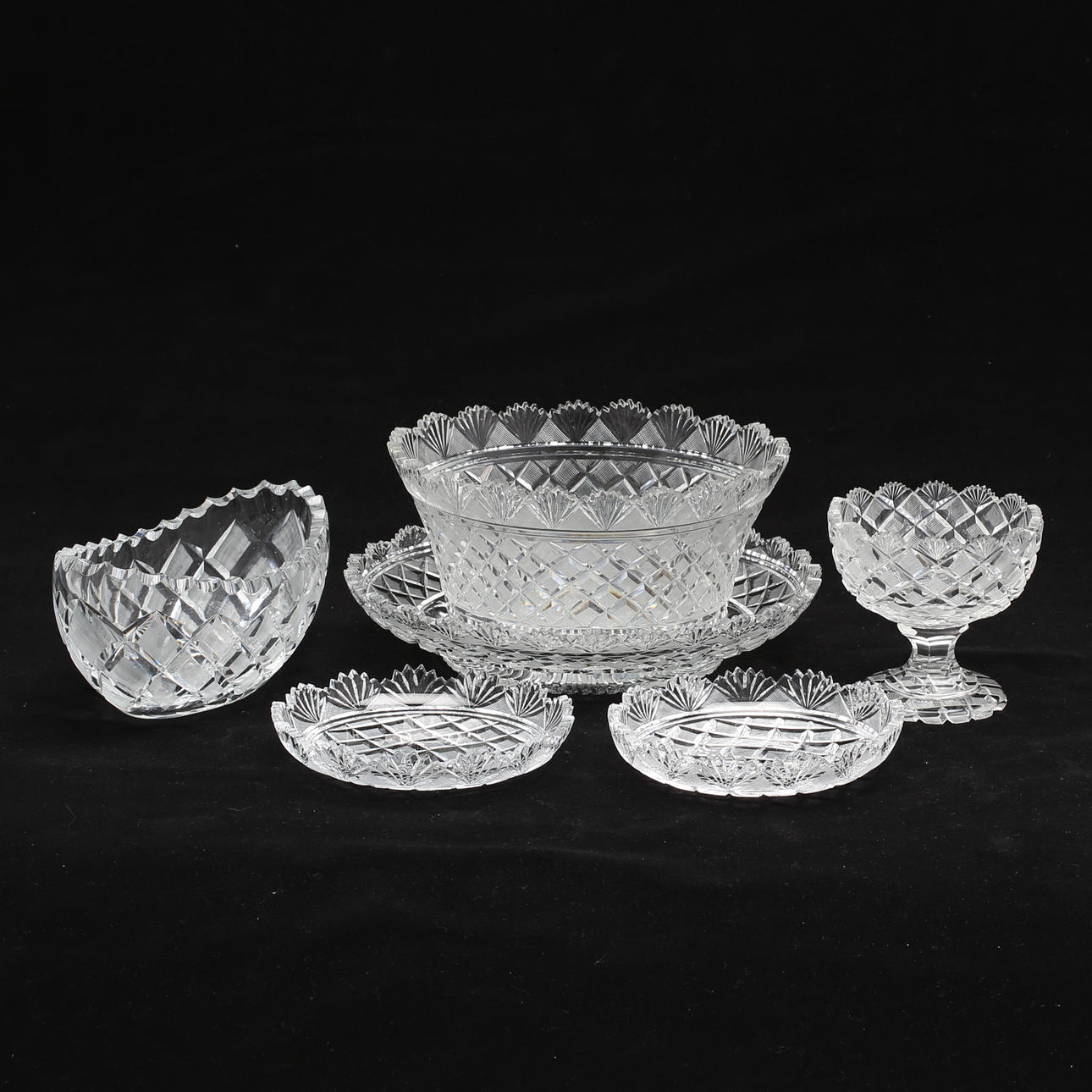 SKÅLAR, 6 st, slipat glas, 1900-talets första hälft.