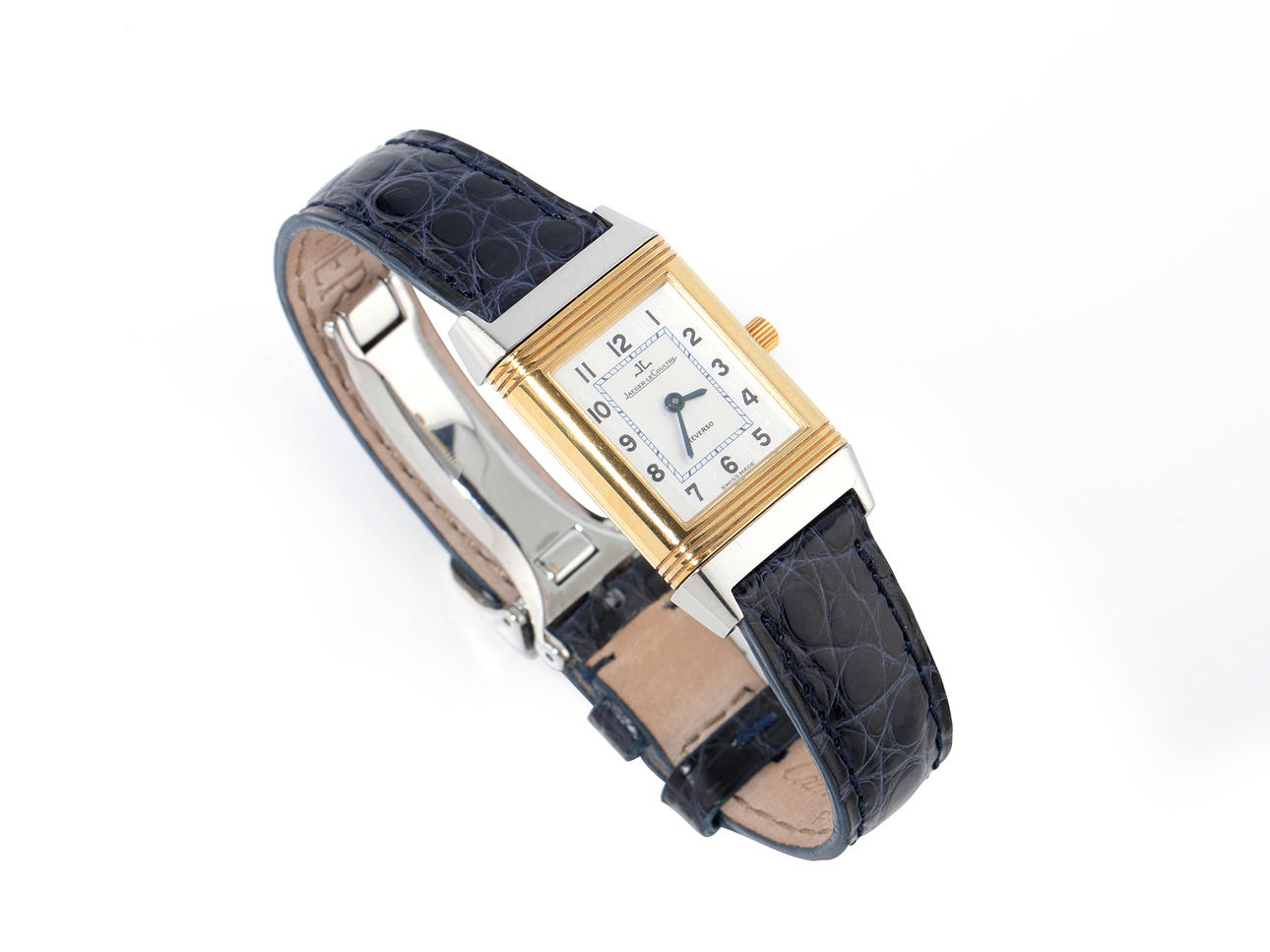 JAEGER-LECOULTRE. modell Reverso, liten modell med läderband och viklås, stål/guld, manuell.