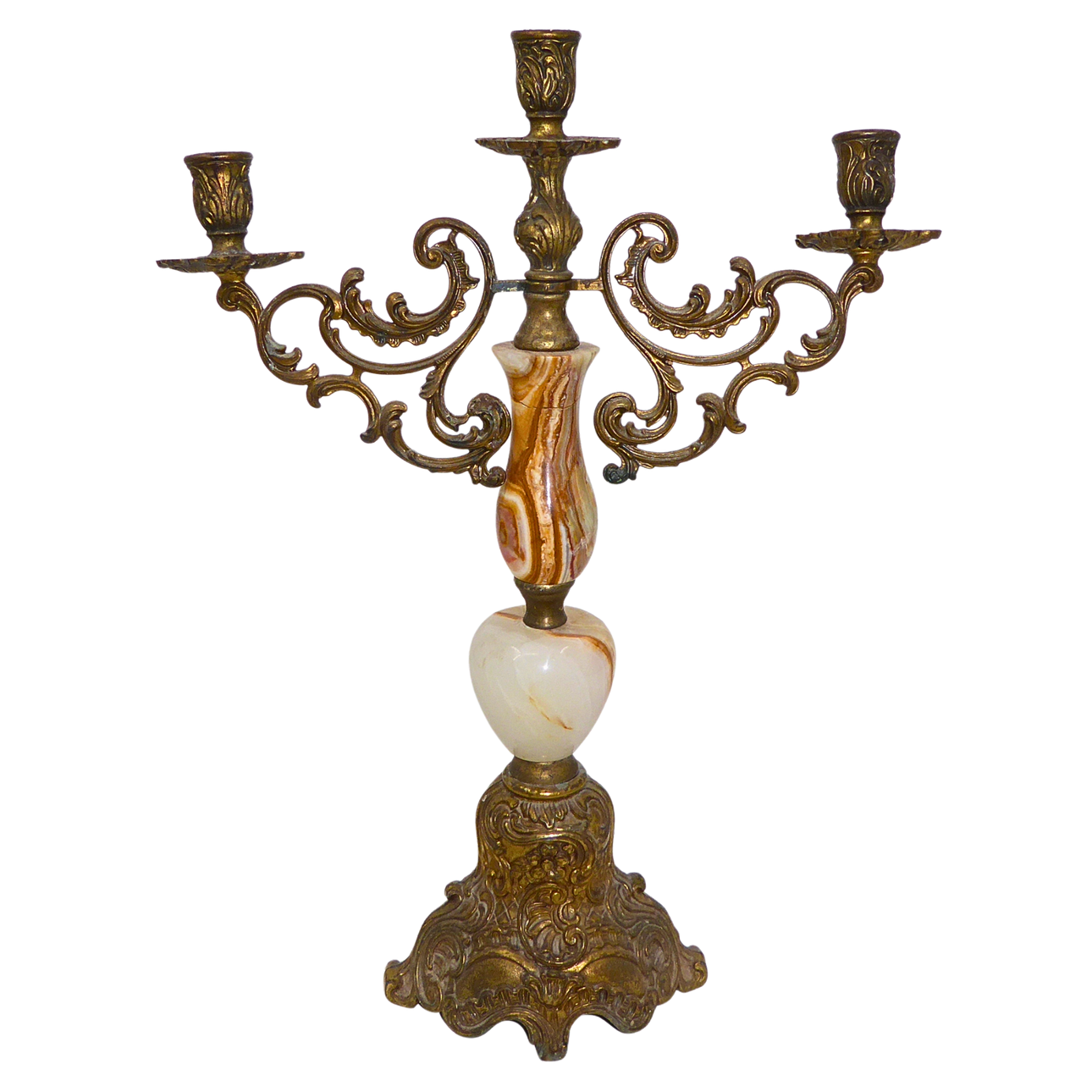 THREE-BRANCH CANDELABRA WITH ONYX ELEMENTS.