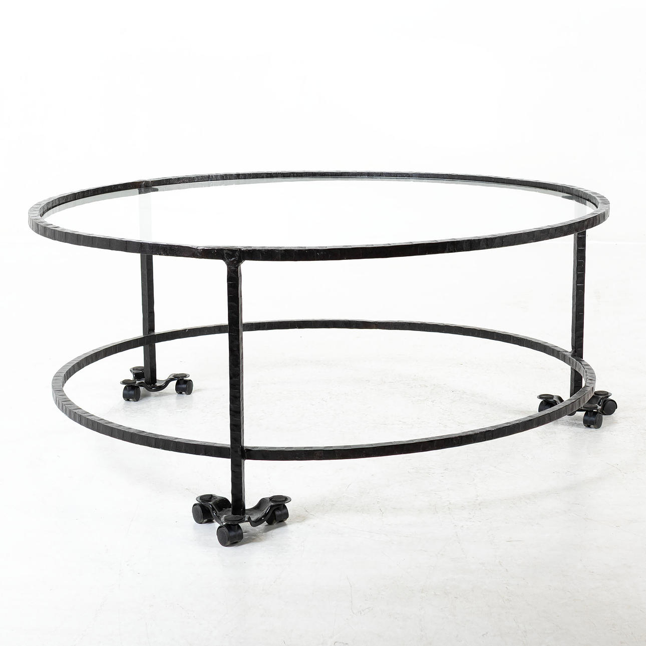 COFFEE TABLE, wrought iron with glass top.