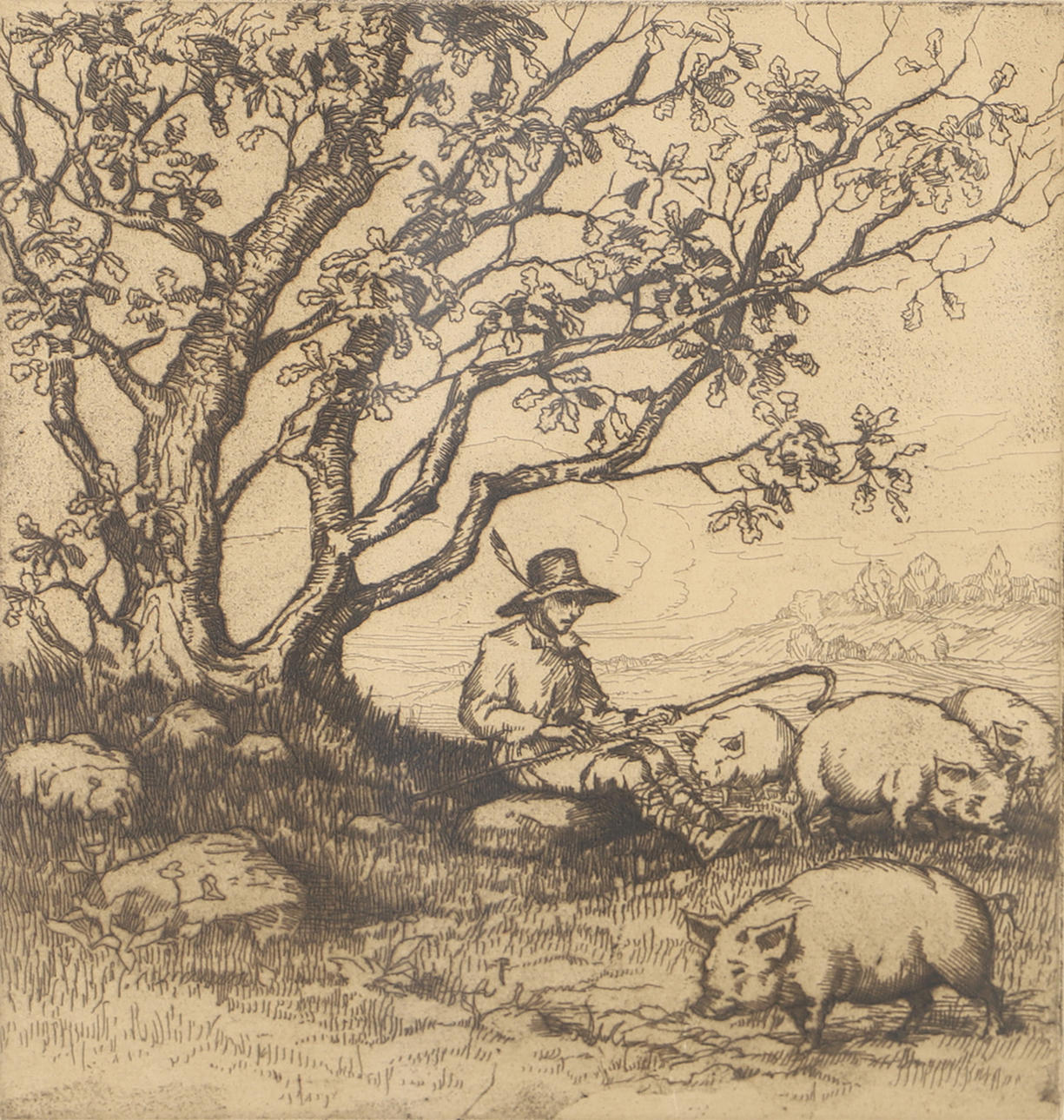 ERNST HÄLLGREN. "The Swineherd", etching, signed 1916.