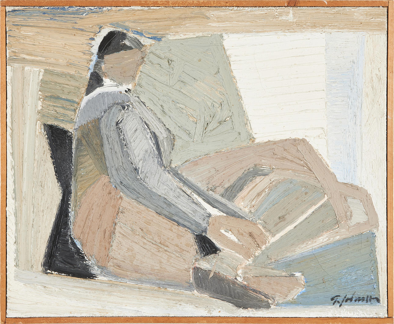 GUNNAR JOHNSSON. abstract figure composition, oil on panel, signed.