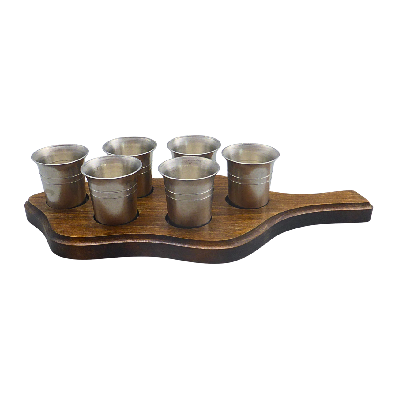 PEWTER SCHNAPPS BEAKER SET ON WOODEN TRAY.
