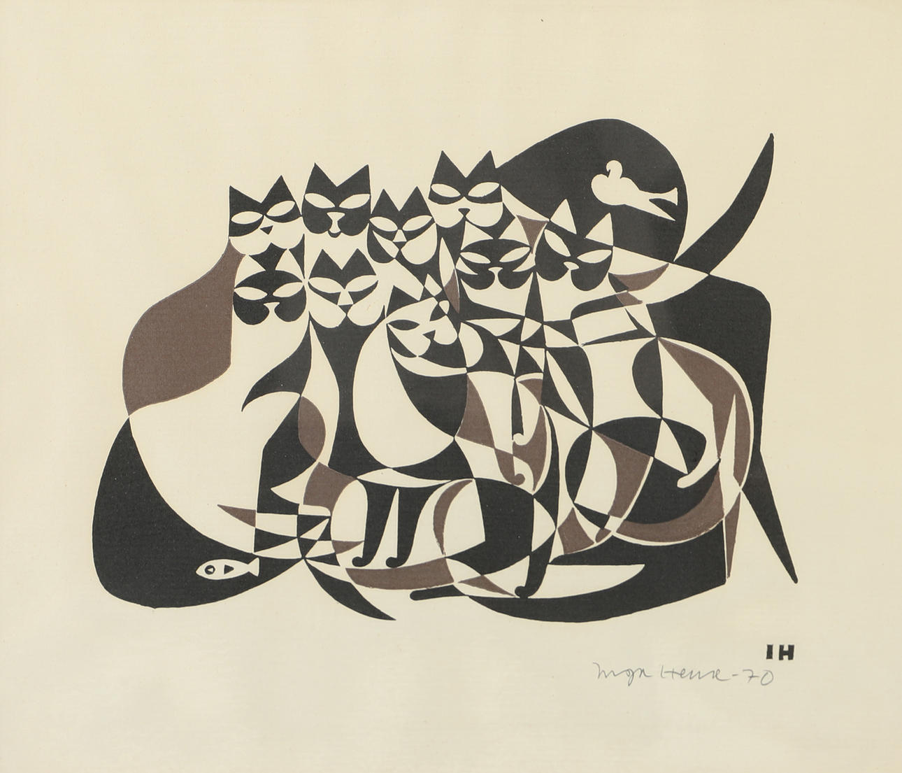INGA HENSE. Cats, signed print.
