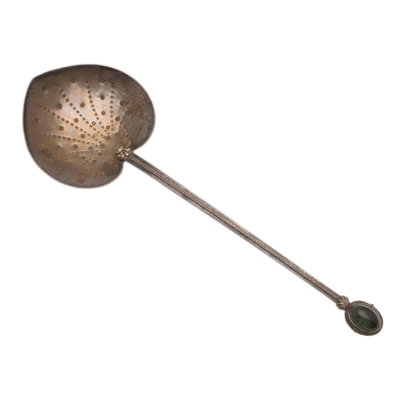 AN ARTS AND CRAFTS STONE SET ANOINTING SPOON.