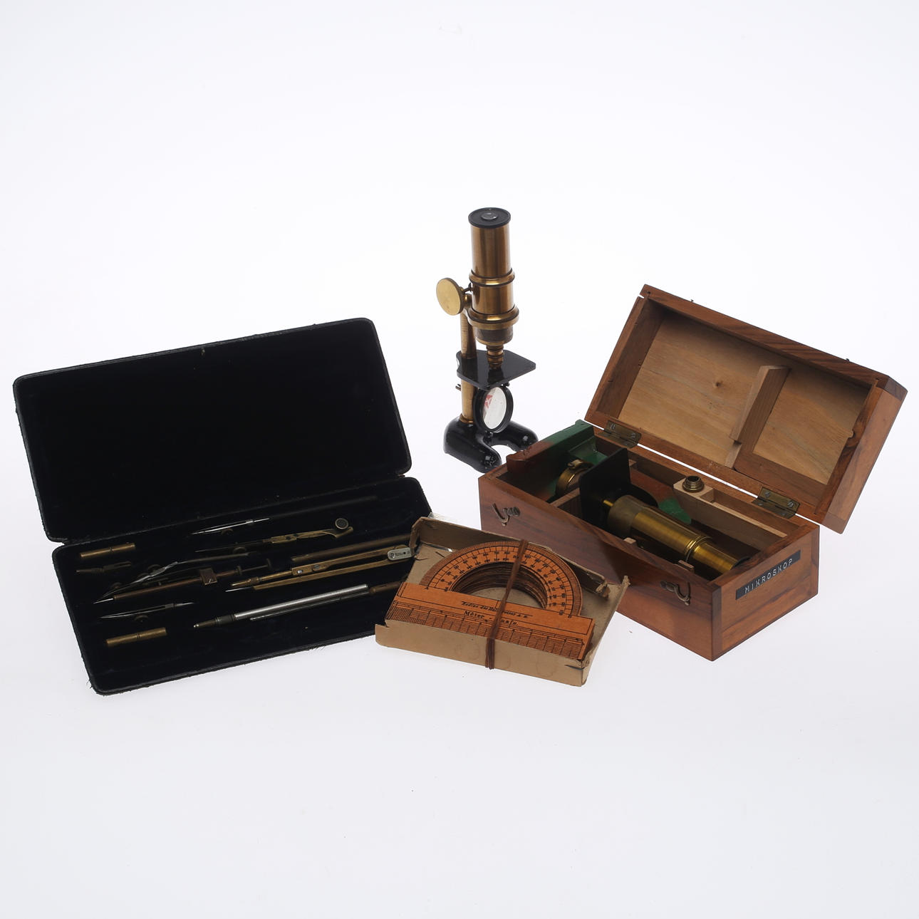 MIKROSKÅP 2st, samt mätredskap, 1900-tal.