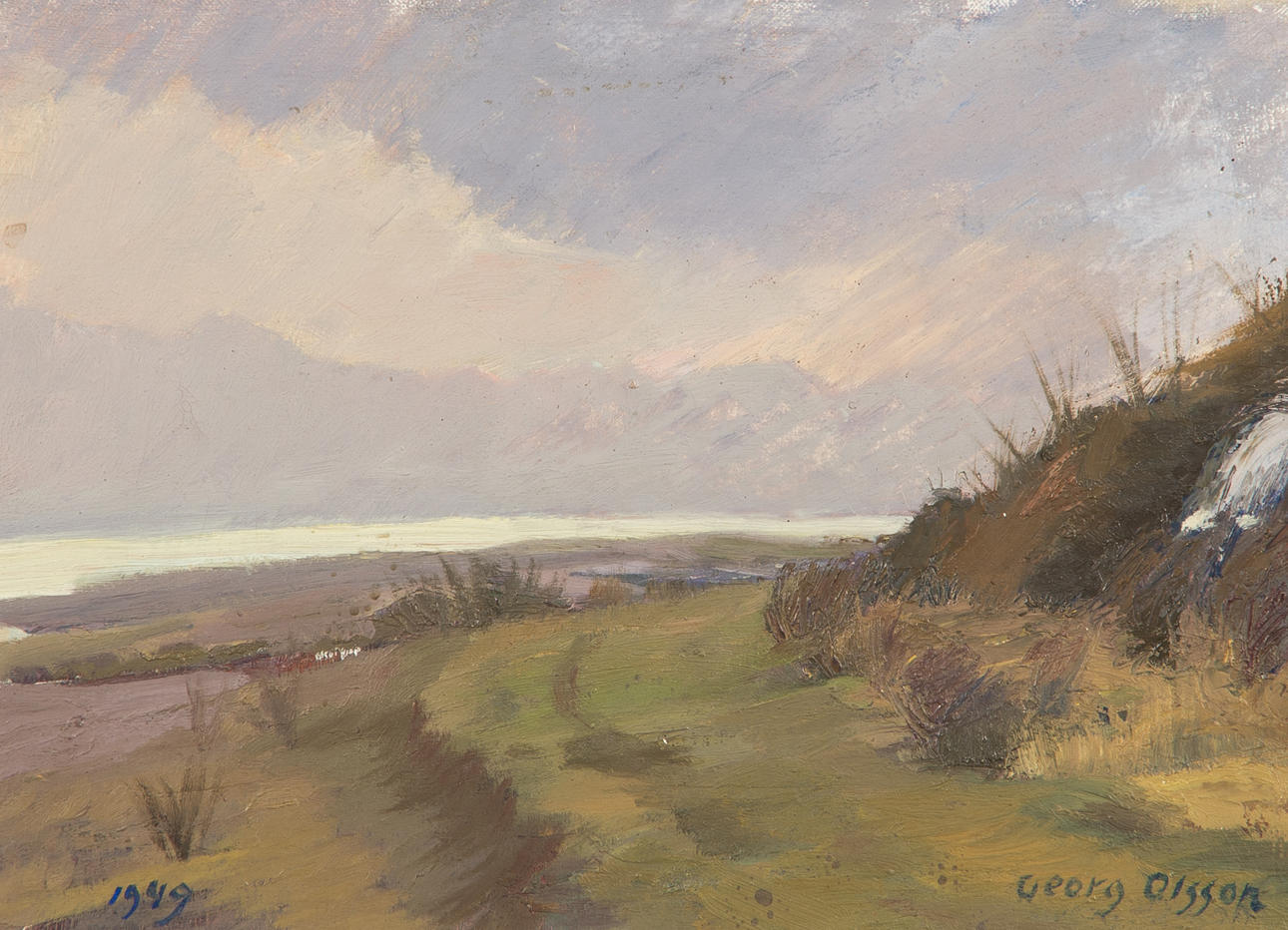 GEORG OLSSON. "Heden Nyhmnsläge 1949", olja på duk, signerad.